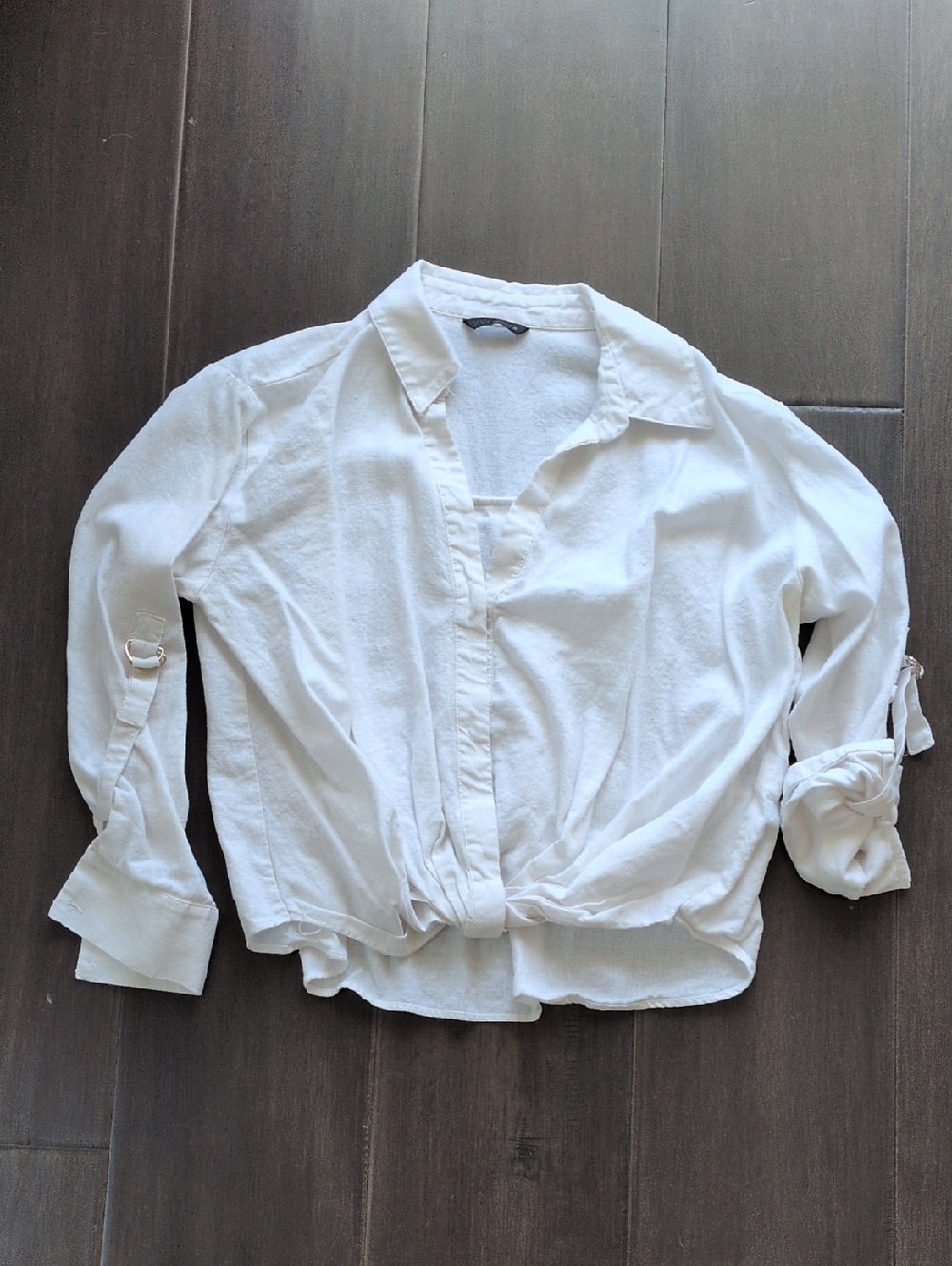 Zara Linen  White Collared Tie-sleeve Blouse